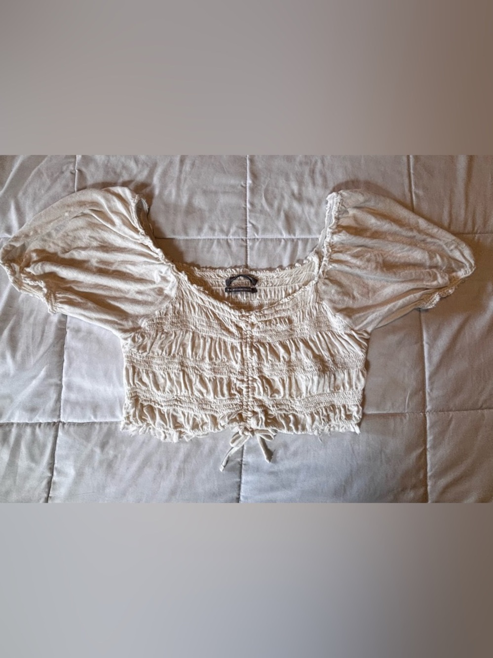 Urban Outfitters Cream Smocked Puff Sleeve Crop Top